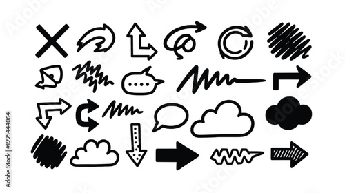 Hand drawn arrow vector set containing doodle style elements like speech bubbles and scribble shapes for creative graphic design projects and modern digital user interfaces