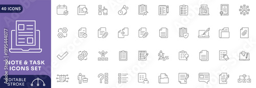 Note & Task icons set. Containing  task, clipboard, cheklist, notes, notebooks . Editable stroke.