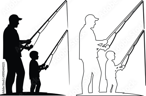 Adult teaching child how to properly hold fishing rod outdoors