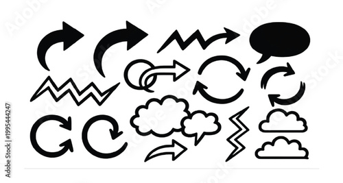 Arrows and icons vector collection featuring diverse hand drawn sketch style graphic elements for digital design projects web interfaces and modern creative marketing visual communication