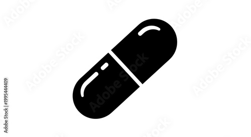 A simple black and white vector graphic of a capsule or pill icon