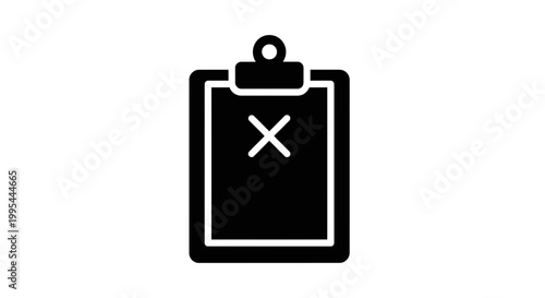 A simple black and white vector graphic of a clipboard with a checklist marked as rejected
