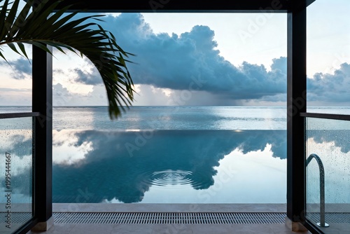 Infinity pool at monsoon dawn with dramatic clouds reflecting in the calm water, tropical ocean view, high detail professional stock image with clean composition, natural lighting, commercia siyam