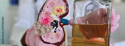 Doctor holding bottle of alcohol and kidney anatomy. Alcoholic nephropathy alcohol abuse