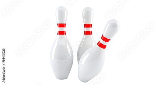 Tiga pin bowling putih dengan garis merah saling berbenturan dan jatuh pada latar belakang transparan untuk konsep permainan olahraga rekreasi.