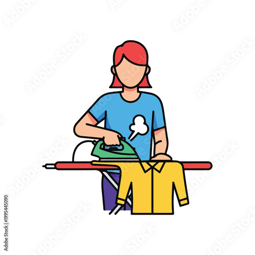 Woman ironing yellow shirt on red ironing board at home