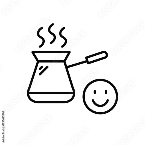 Cezve coffee making pot and smiley face. Drinks, brews and cafe service customer satisfaction. Pixel perfect, editable stroke vector icon