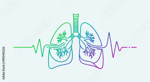 Human Lungs and Heartbeat Line Art, Rainbow Gradient, Medical Health Concept