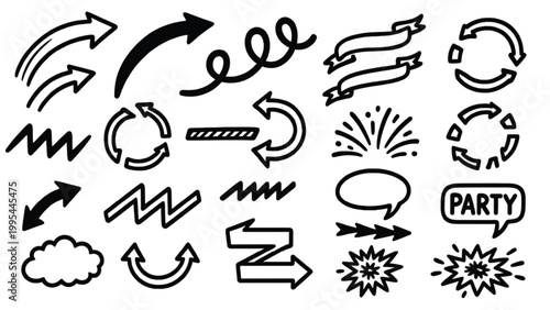 Collection of hand-drawn vector illustration icons featuring arrows, ribbons, speech bubble, cloud, and celebratory elements for design