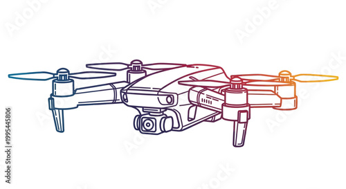 Hand-drawn drone illustration with gradient colors, aerial photography, modern technology
