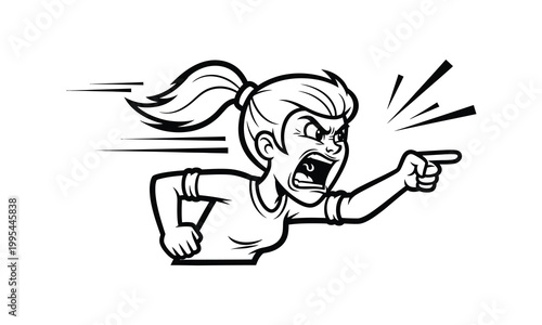 Angry aggressive woman yelling and pointing her finger in frustration.