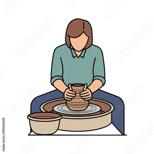 Woman sitting at pottery wheel shaping clay vessel
