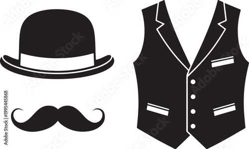 Black bowler hat, mustache, and vest illustration isolated on transparent background, Vector