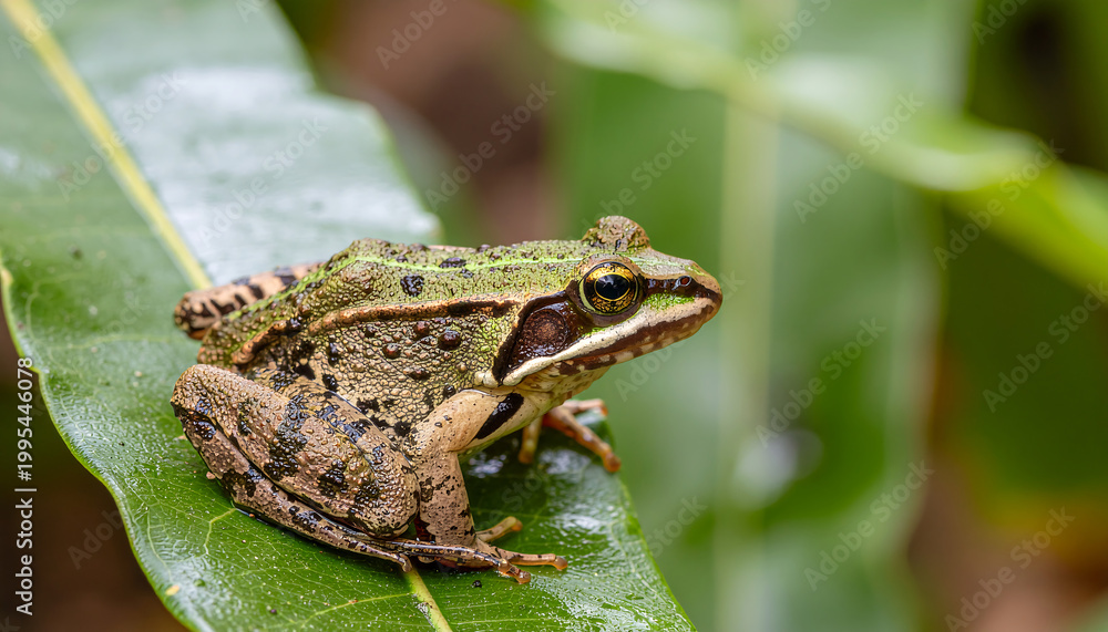 Obraz premium A small green frog sits on a large leaf in a natural outdoor setting.