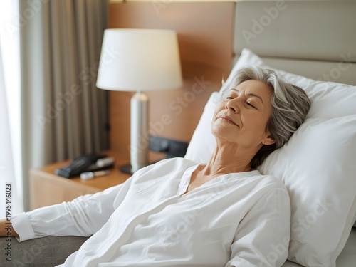 Simple healthy living lifestyle menopause aged Asian woman take a rest relaxing with self awareness.