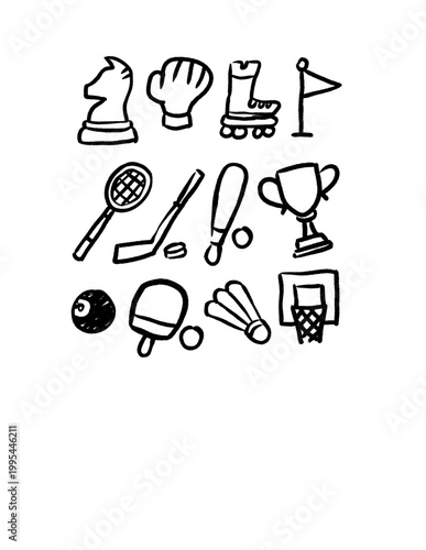 A versatile set of hand-drawn sports and hobby icons. These spontaneous sketches feature a mix of athletic gear and classic games, including chess, badminton, and basketball