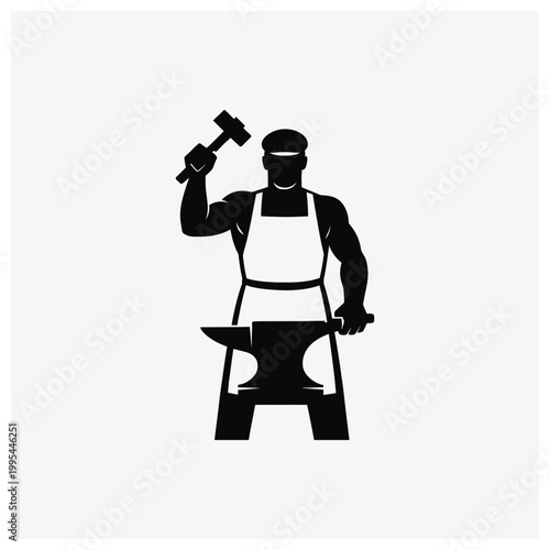 Minimal silhouette of a blacksmith at an anvil with a hammer, symbolizing craftsmanship and metalwork.