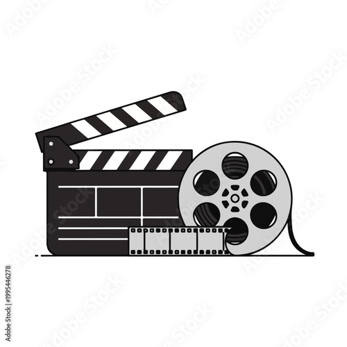 Film making equipment with clapper board and movie reel on white