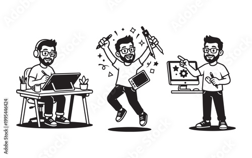 Creative Graphic Designer Character Working on Tablet and Celebrating Project Launch