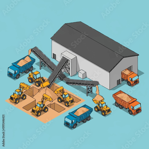 Industrial site with construction vehicles and warehouse.