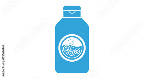 Blue liquid bottle with cleaning bubbles icon, vector illustration
