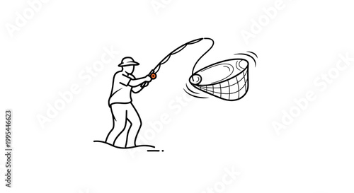 Fisherman casting fishing net into water, catching fish, outdoor activity, hobby, sport