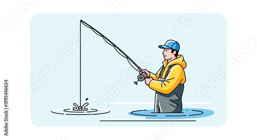 Fisherman casting rod in water, enjoying outdoor hobby, catching fish, active lifestyle
