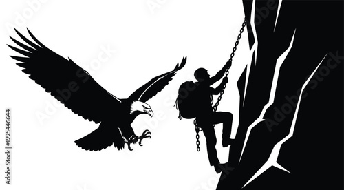 Eagle flying towards rock climber ascending steep mountain cliffside.