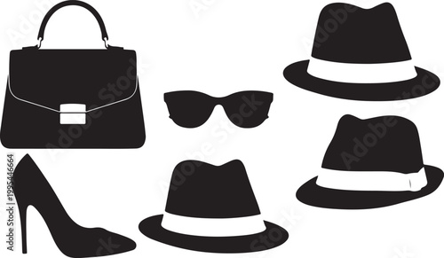 Black stylish accessories set flat design isolated on transparent background, Vector
