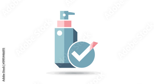 Cosmetic bottle with check mark icon, hygiene and skincare symbol