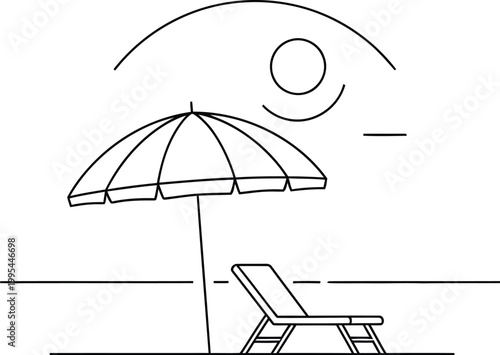 Minimalist line art illustration portraying a tranquil summer beach scene with an open umbrella and comfortable lounge chair under a warm sun.