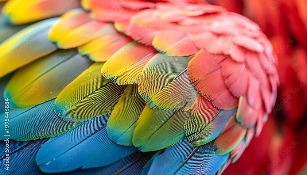 Obraz premium Vibrant colorful parrot feathers macro close-up outdoors in nature
