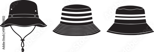 Three stylish bucket hats with different designs isolated on transparent background, Vector