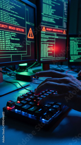 Dark room with glowing computer screens showing cyber firewall breach alerts, hands typing on illuminated keyboard, creating a tense, high-tech atmosphere