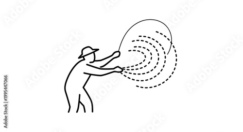 Farmer with hat spinning lasso in farm field, agricultural work, rural life, country scene