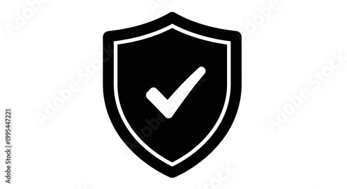 A black and white vector graphic of a shield with a checkmark symbolizing protection and security