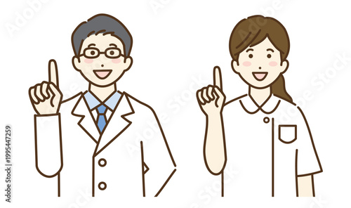 指さしをする男性医師と女性看護師　説明　案内
