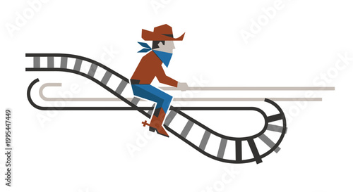 Cowboy riding a roller coaster on train tracks, western adventure, fun