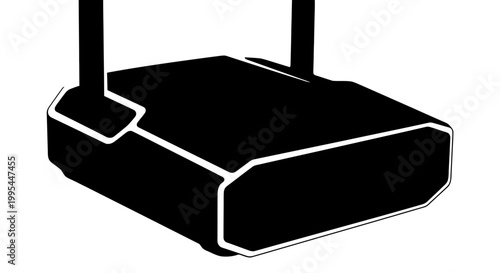 A black and white vector graphic illustration of a router with two antennas