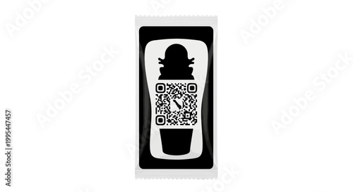 A black and white vector graphic of a QR code on a beverage cup with a hat