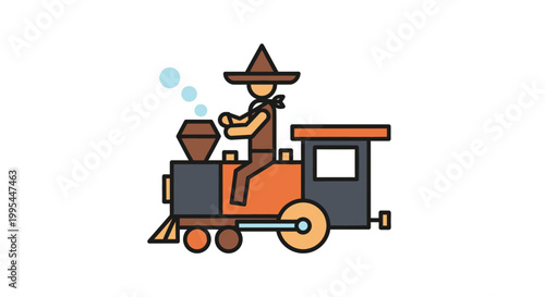 Cowboy riding a steam train, western adventure, flat design illustration