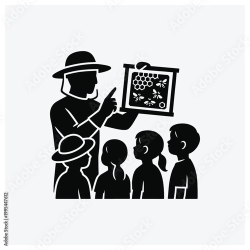 Beekeeper teaching children about bees and honeycomb science silhouette