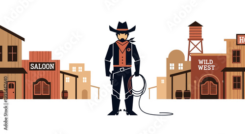Cowboy Standing in Old Western Town Street with Lasso, Flat Illustration