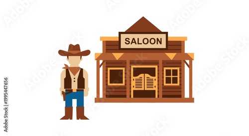 Cowboy Standing Next to Saloon Building, Wild West Scene Illustration