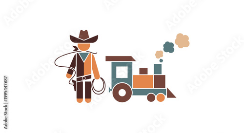 Cowboy with Lasso and Vintage Train Illustration