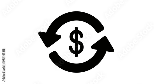 A black vector graphic icon of a dollar sign surrounded by two arrows in a circular motion