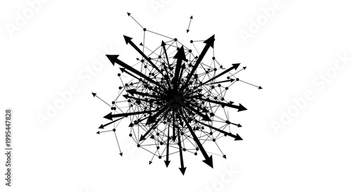 A black and white vector graphic illustration of a complex network with arrows and lines