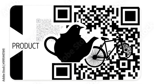 A black and white vector graphic of a teapot and bicycle with a QR code and product label