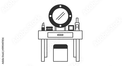 Dressing Table with Mirror and Makeup Accessories, Minimalist Line Art Illustration