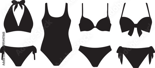 Black swimwear set with different styles isolated on transparent background, Vector